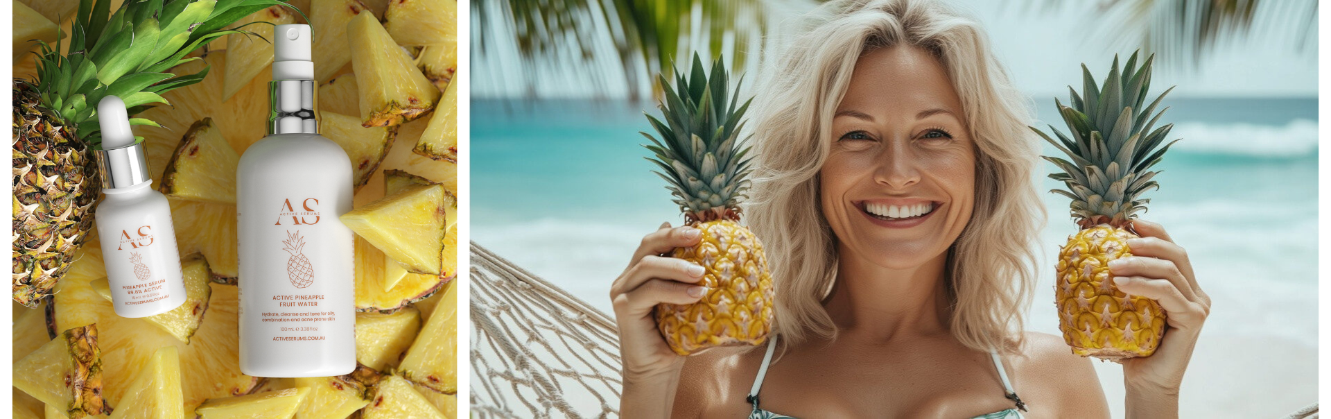 Active Pineapple Duo skincare set next to a woman holding fresh pineapples on a tropical beach.
