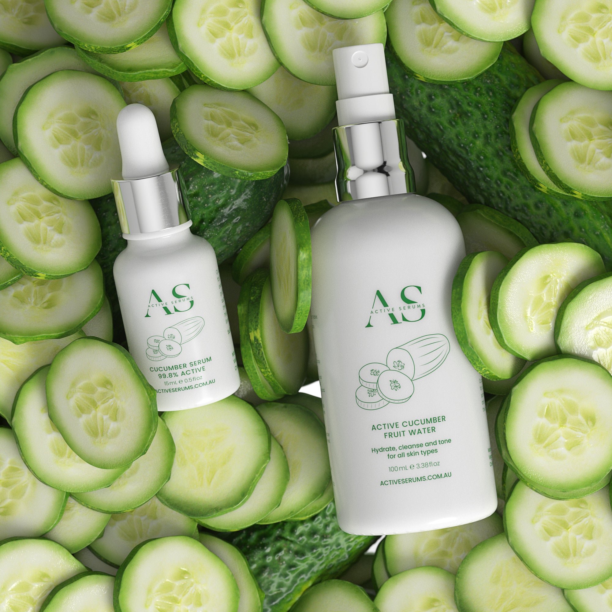 Active Serums cucumber serum and fruit water bottles on sliced cucumbers, hydrating skincare