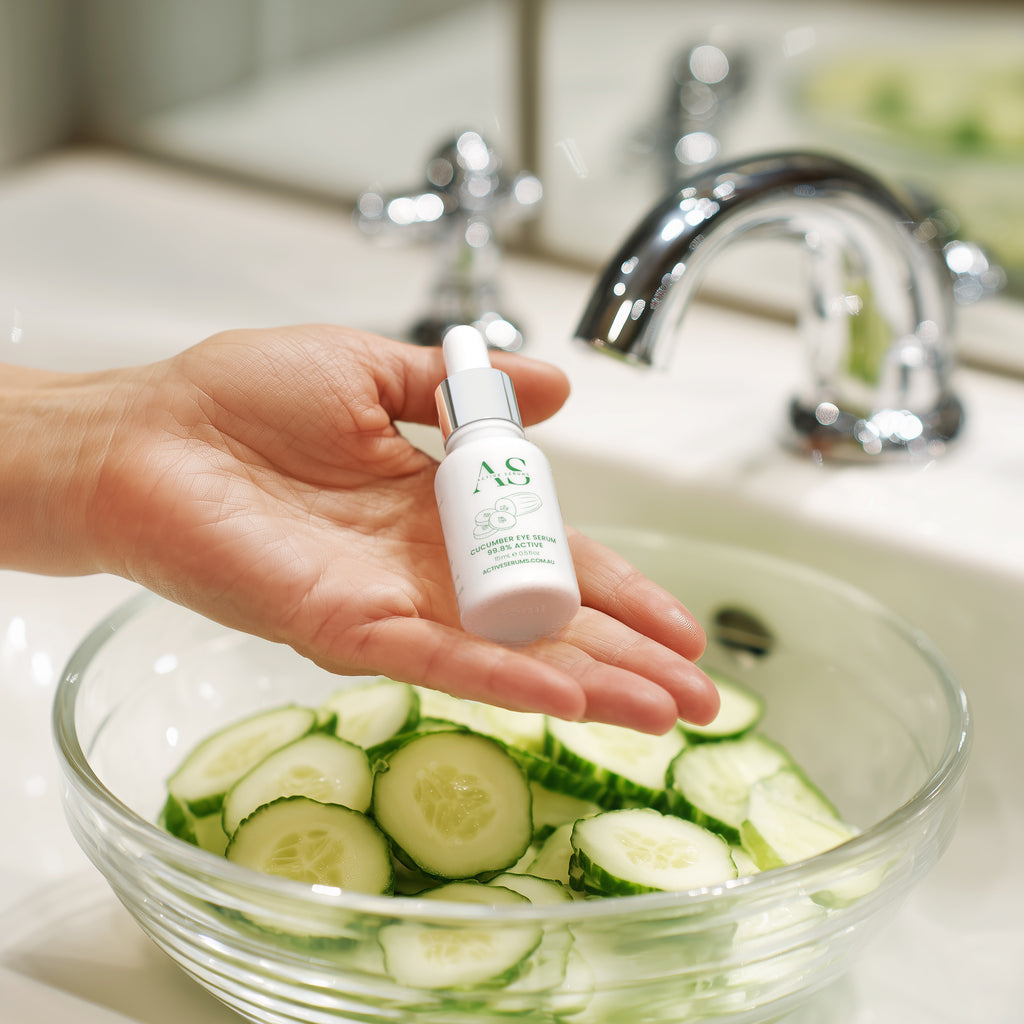 Active Serums Cucumber Eye Serum held in hand beside freshly sliced cucumbers.