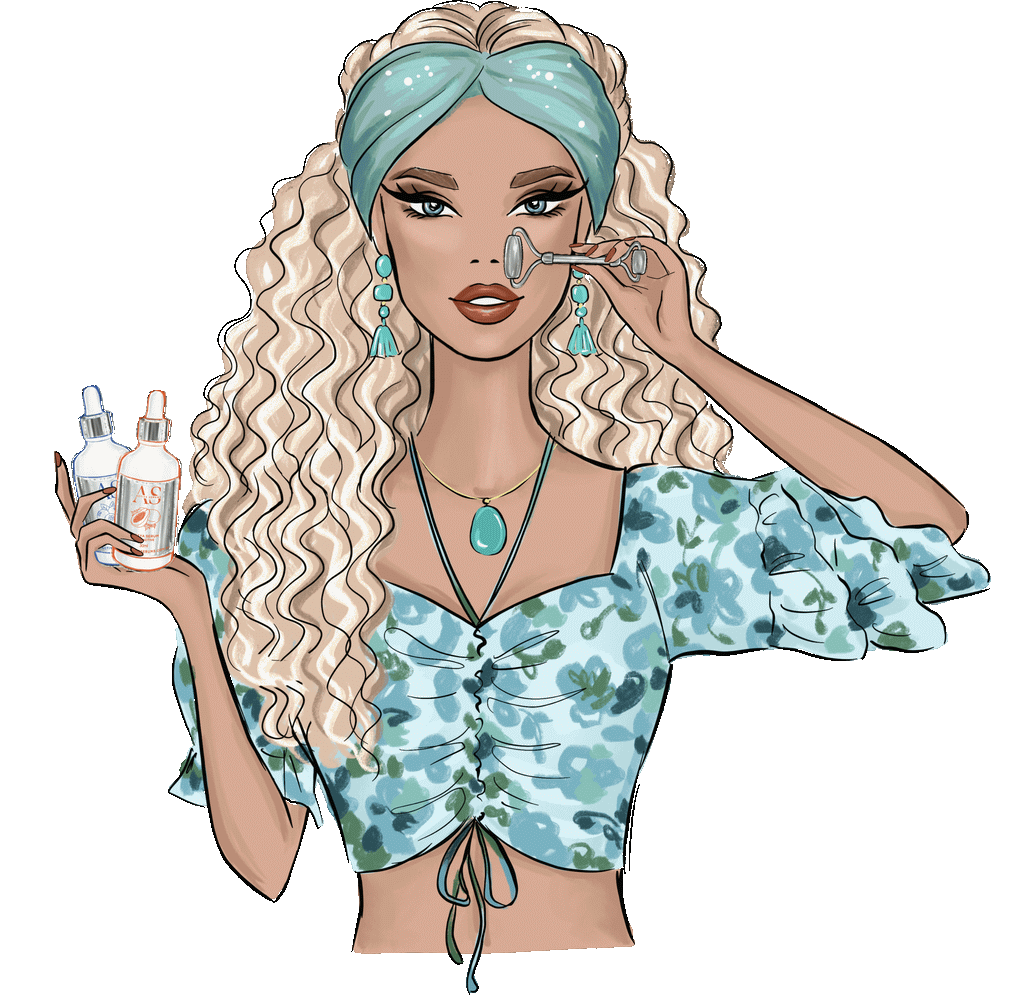 Animated illustration of a woman using a Facial Roller - Stainless Steel on her face while holding Active Serums skincare bottles.
