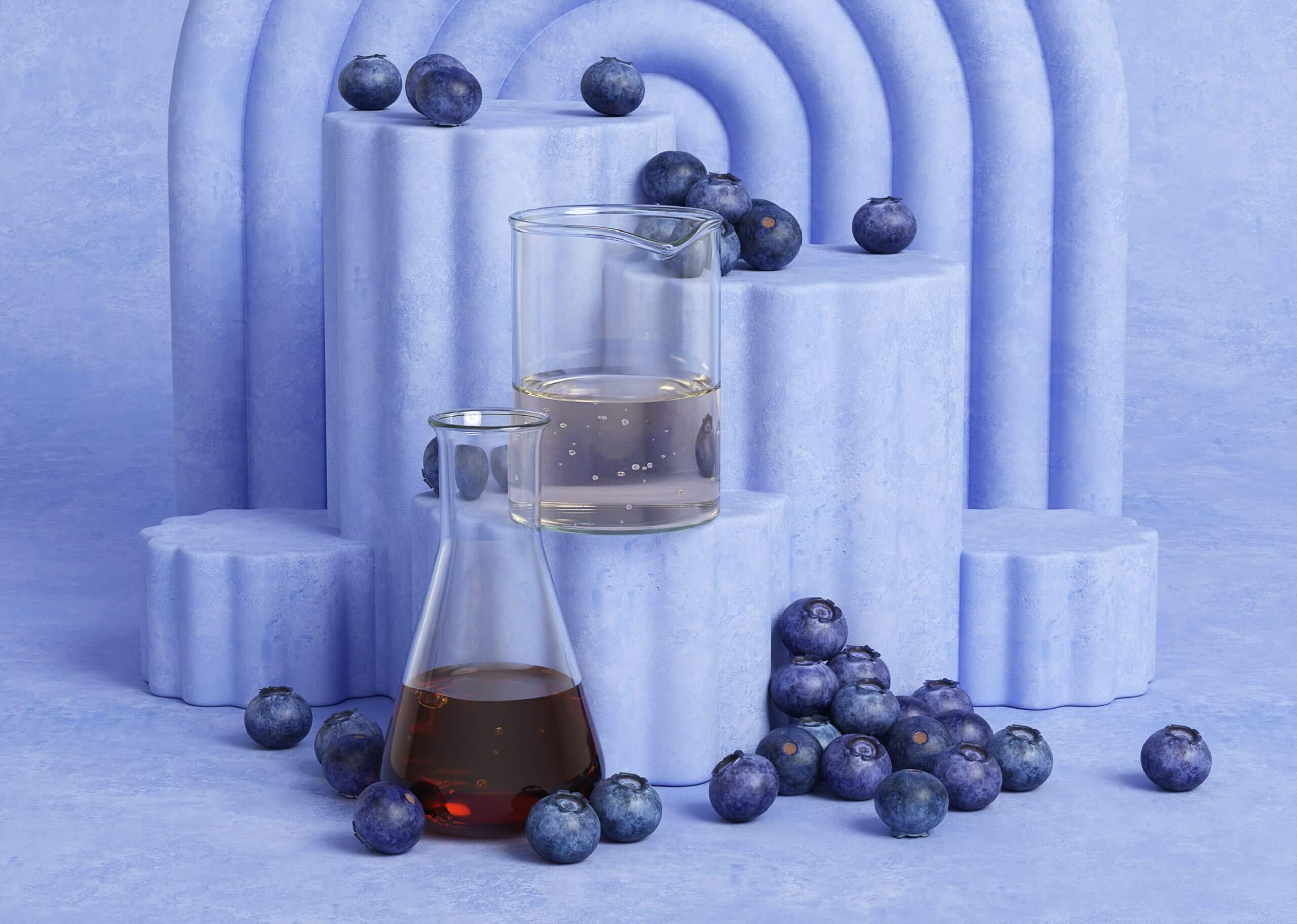 Where science meets nature: Active Serums Blueberry extract and fruit water in laboratory glassware surrounded by fresh fruit.