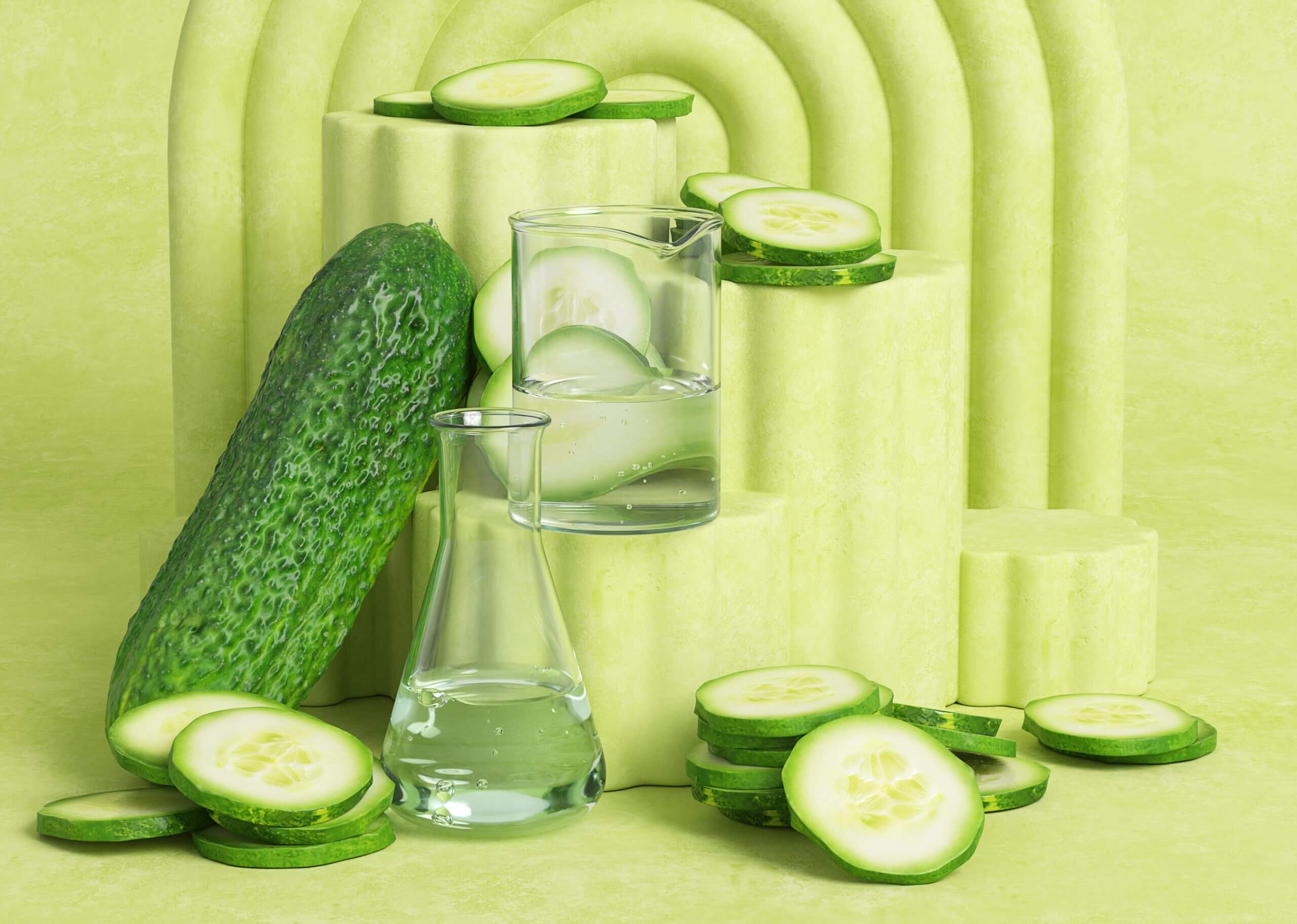 Where science meets nature: Active Serums Cucumber extract and fruit water in laboratory glassware surrounded by fresh fruit.