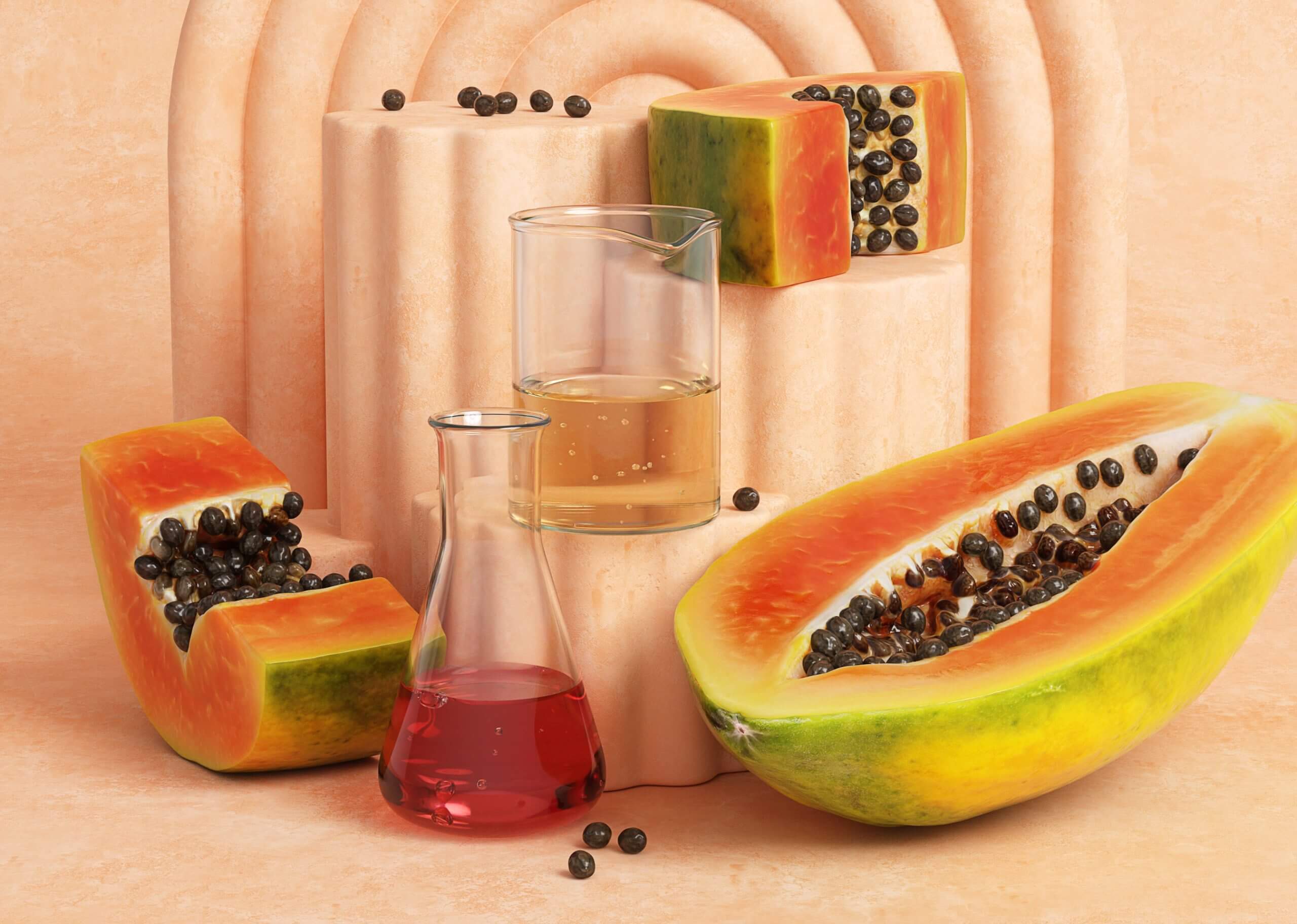 Where science meets nature: Active Serums Papaya extract and fruit water in laboratory glassware surrounded by fresh fruit.