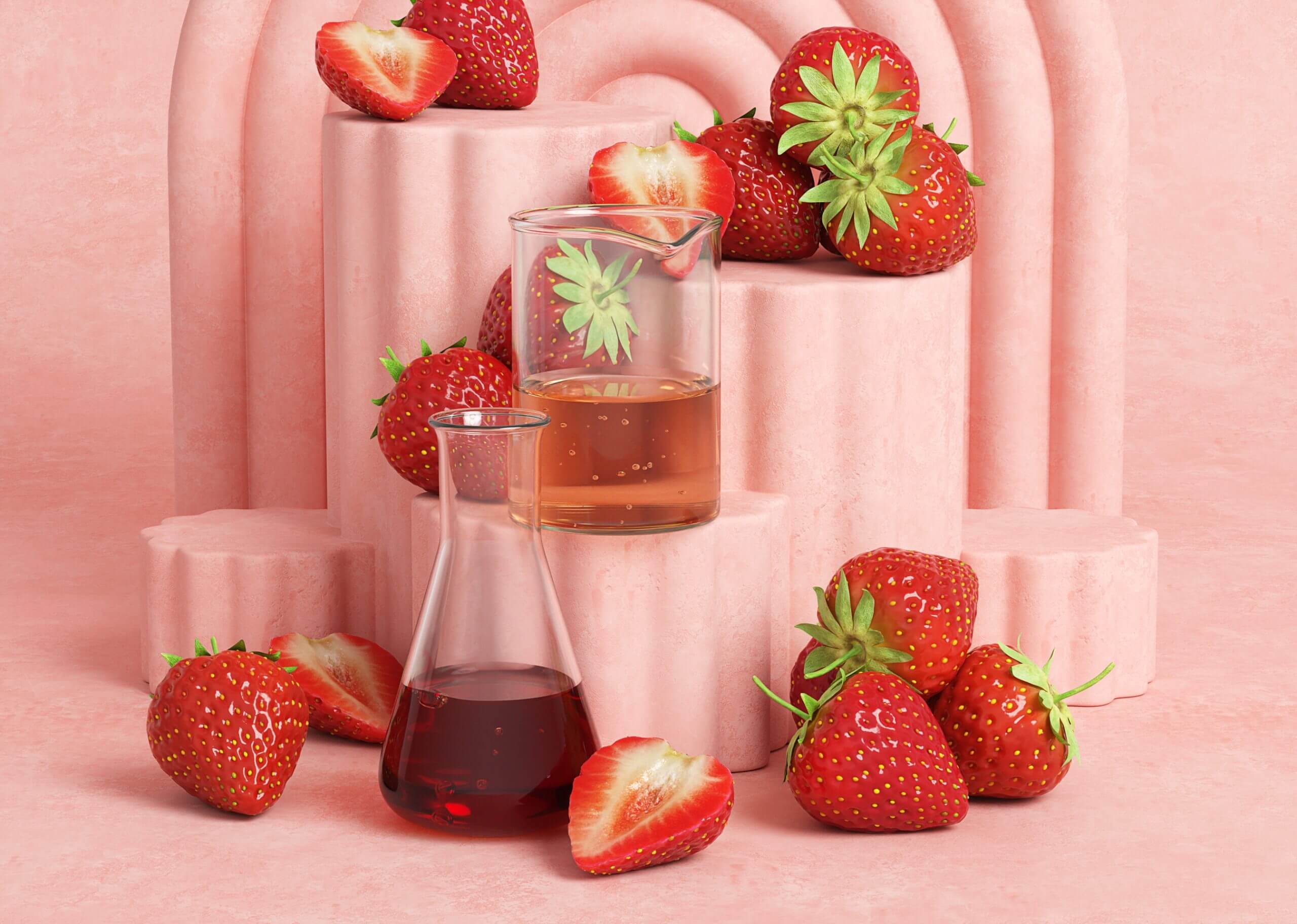Where science meets nature: Active Serums Strawberry extract and fruit water in laboratory glassware surrounded by fresh fruit.