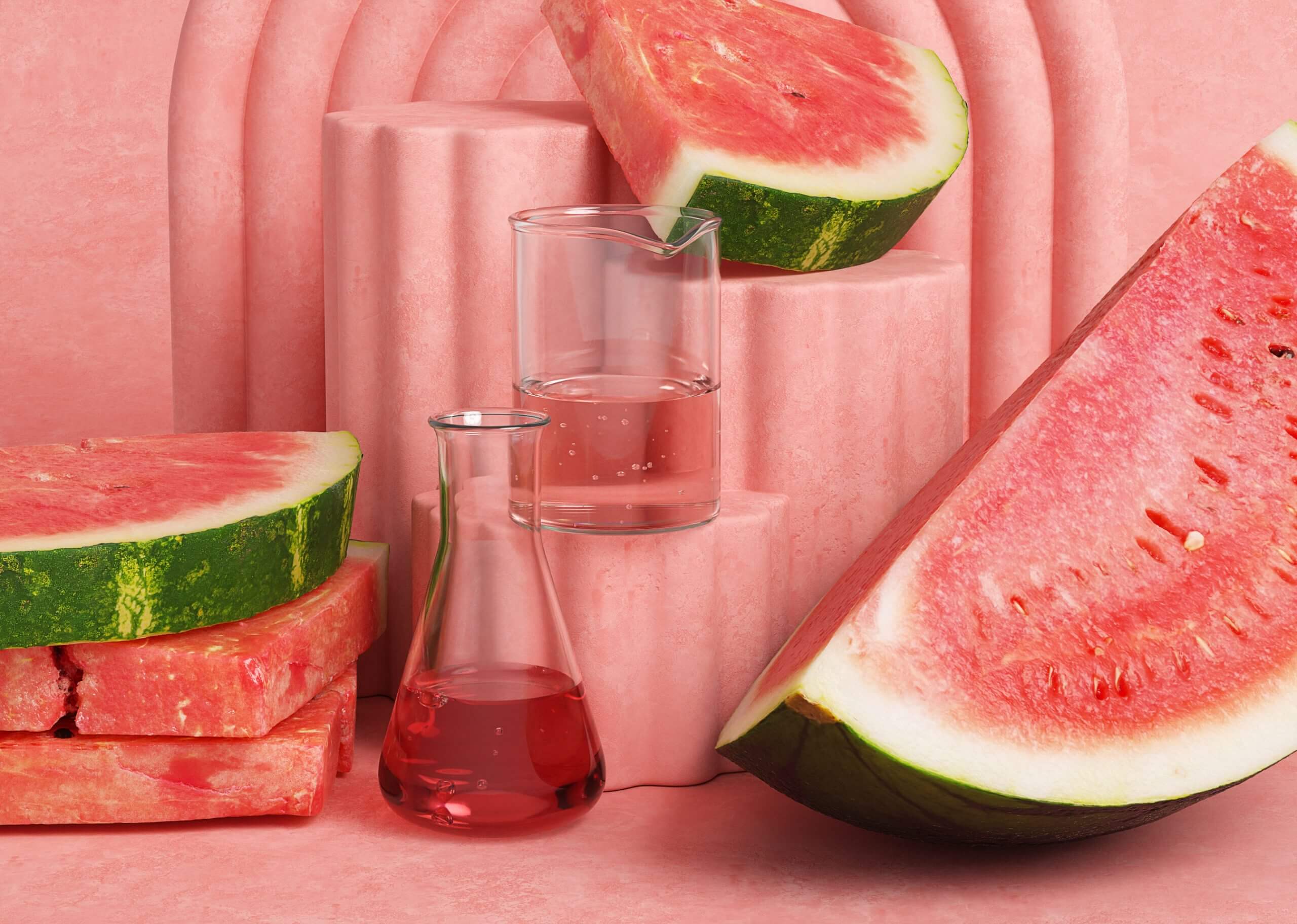 Where science meets nature: Active Serums Watermelon extract and fruit water in laboratory glassware surrounded by fresh fruit.