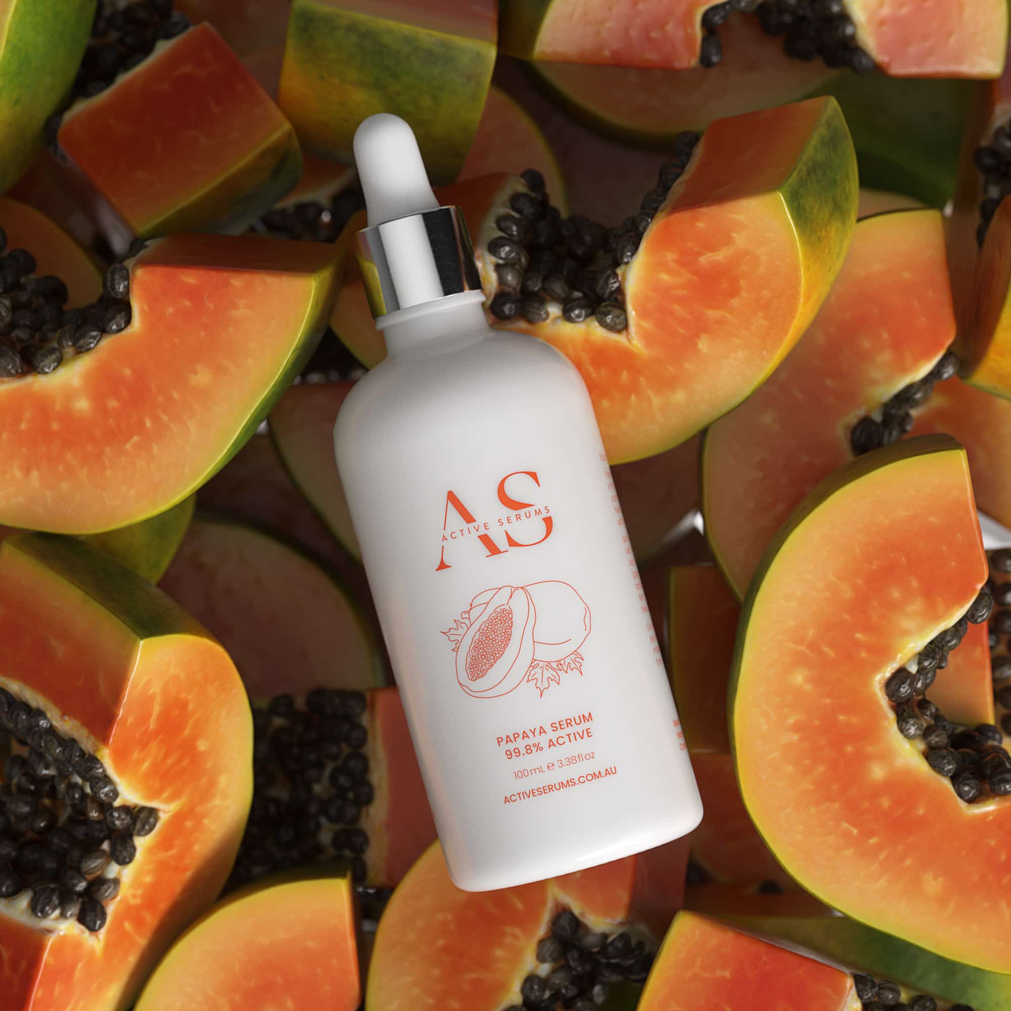 Active Serums papaya serum bottle on sliced papaya background, Australian skincare