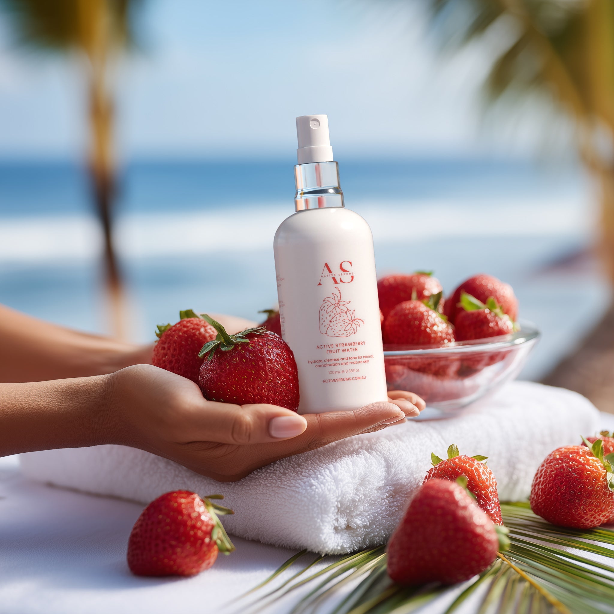 Active Strawberry Fruit Water on a spa towel with fresh strawberries and a tropical beach background.