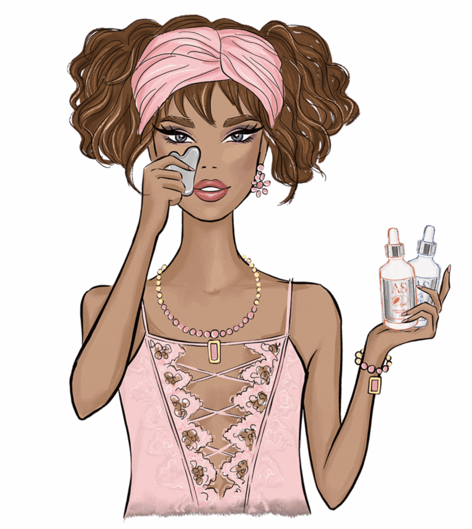 Illustration of woman applying Active Serums skincare with gua sha, holding serum bottles