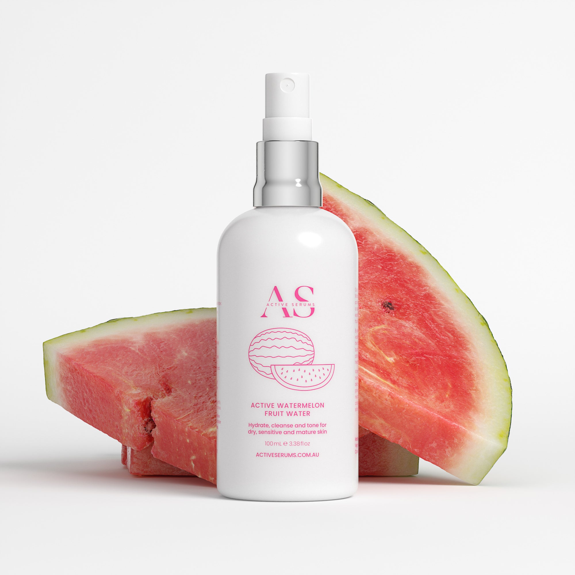 Active Serums watermelon fruit water bottle with fresh watermelon slices, Australian skincare
