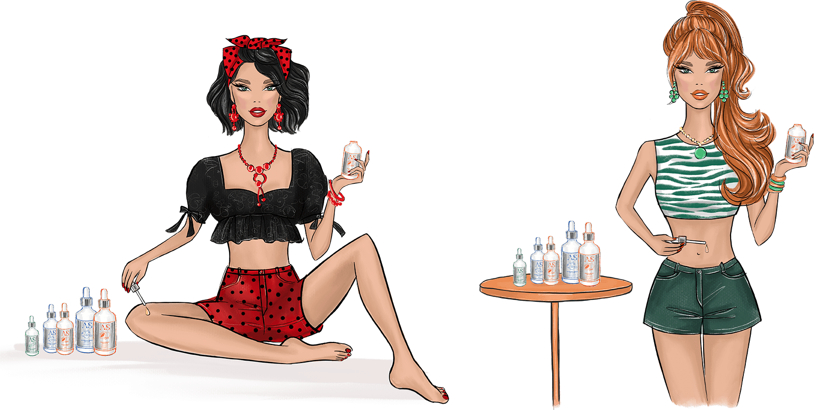 Active Serums collection in action: Illustrated characters applying nourishing serums with pipettes from 15ml, 30ml and 100ml bottles.