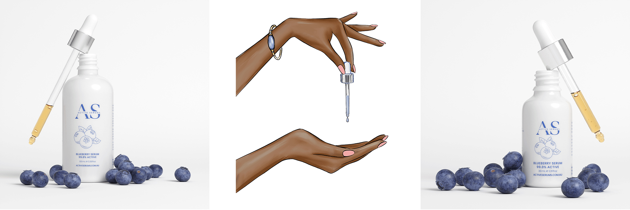 Animated GIF of Active Serums 30ml and 100ml Blueberry Serum bottles surrounded by fresh blueberries with a pipette dropping serum onto a hand.