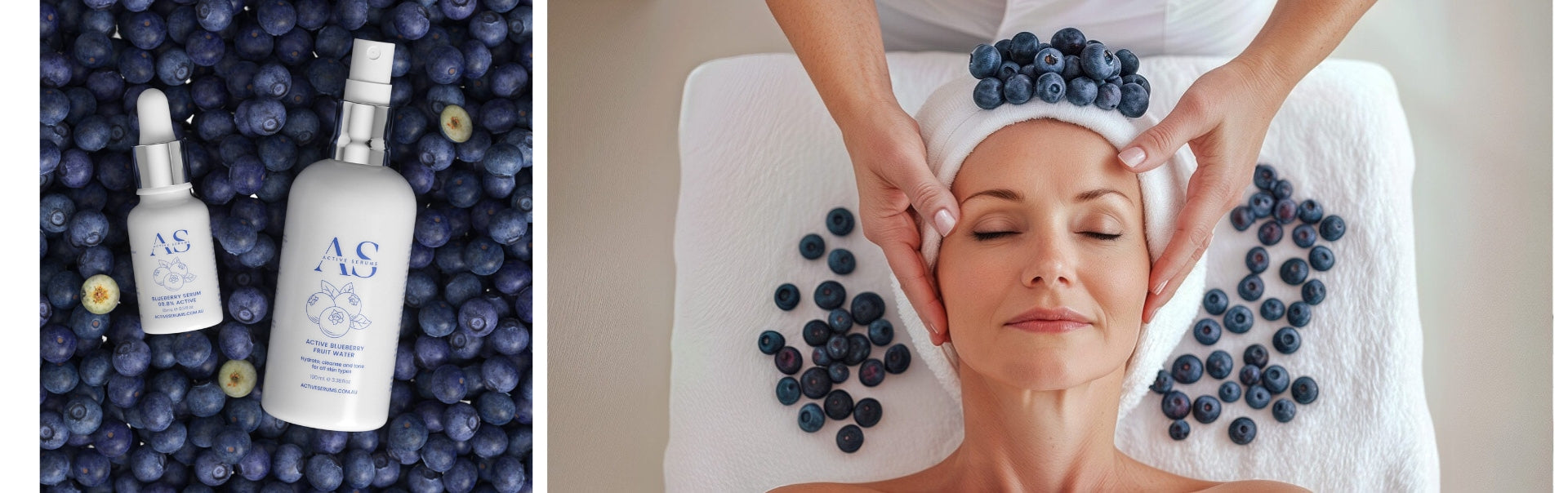 Active Blueberry Duo by Active Serums: 15ml Serum + 100ml Fruit Water bottles alongside a woman receiving a blueberry spa facial.
