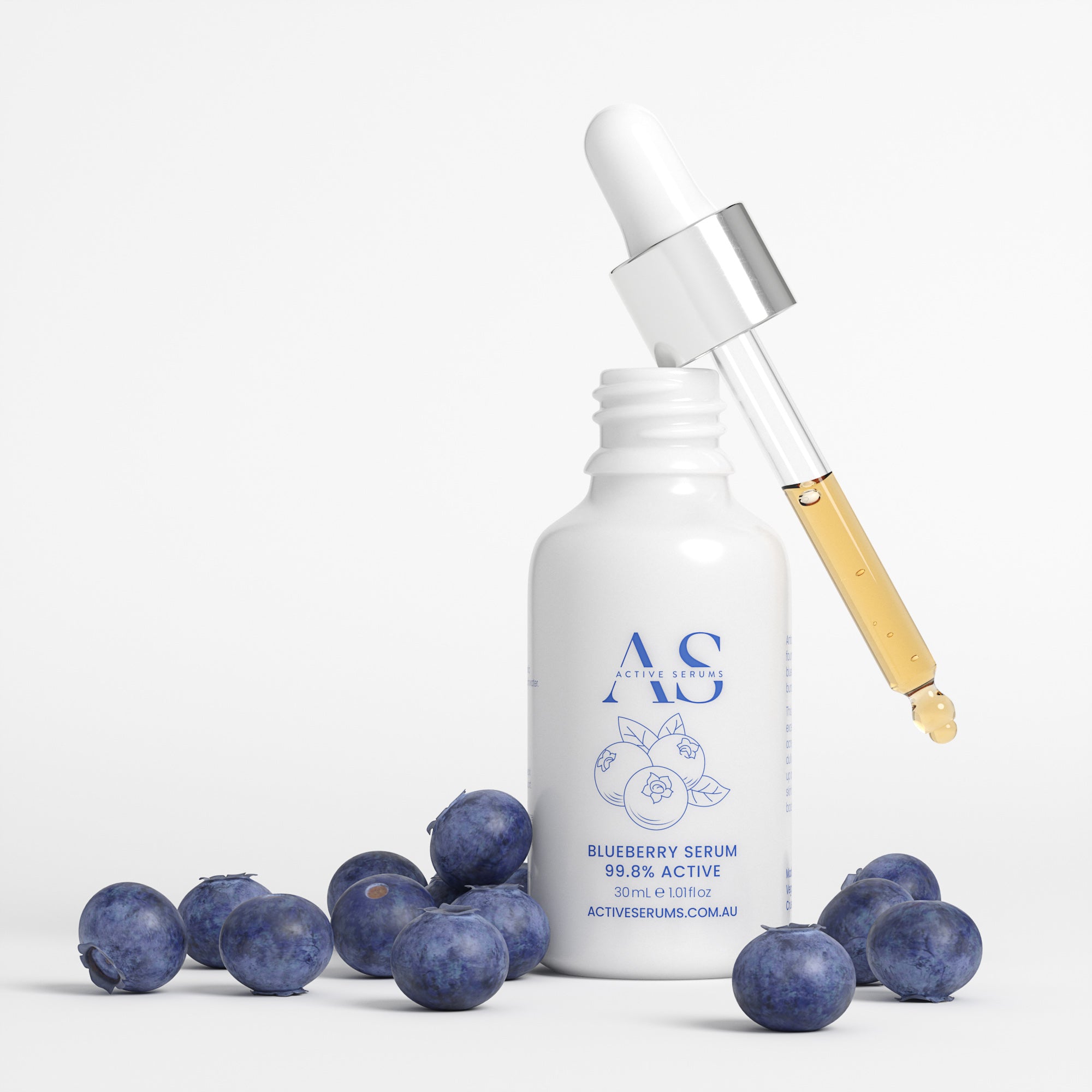 Active Serums 30ml Blueberry Serum: Large white bottle with glass dropper and fresh blueberries to nourish and protect skin.