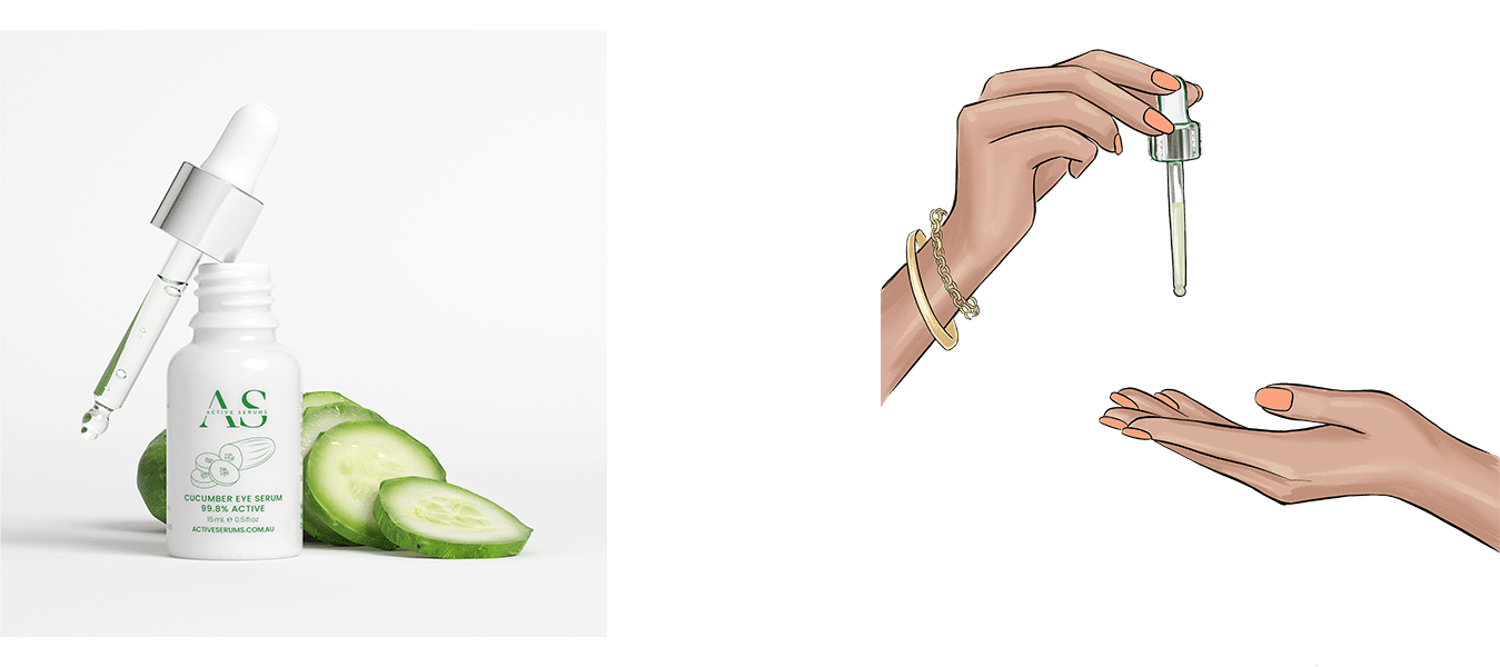 Animated GIF of Cucumber Eye Serum dropping from a pipette onto a ring finger for gentle under-eye application.