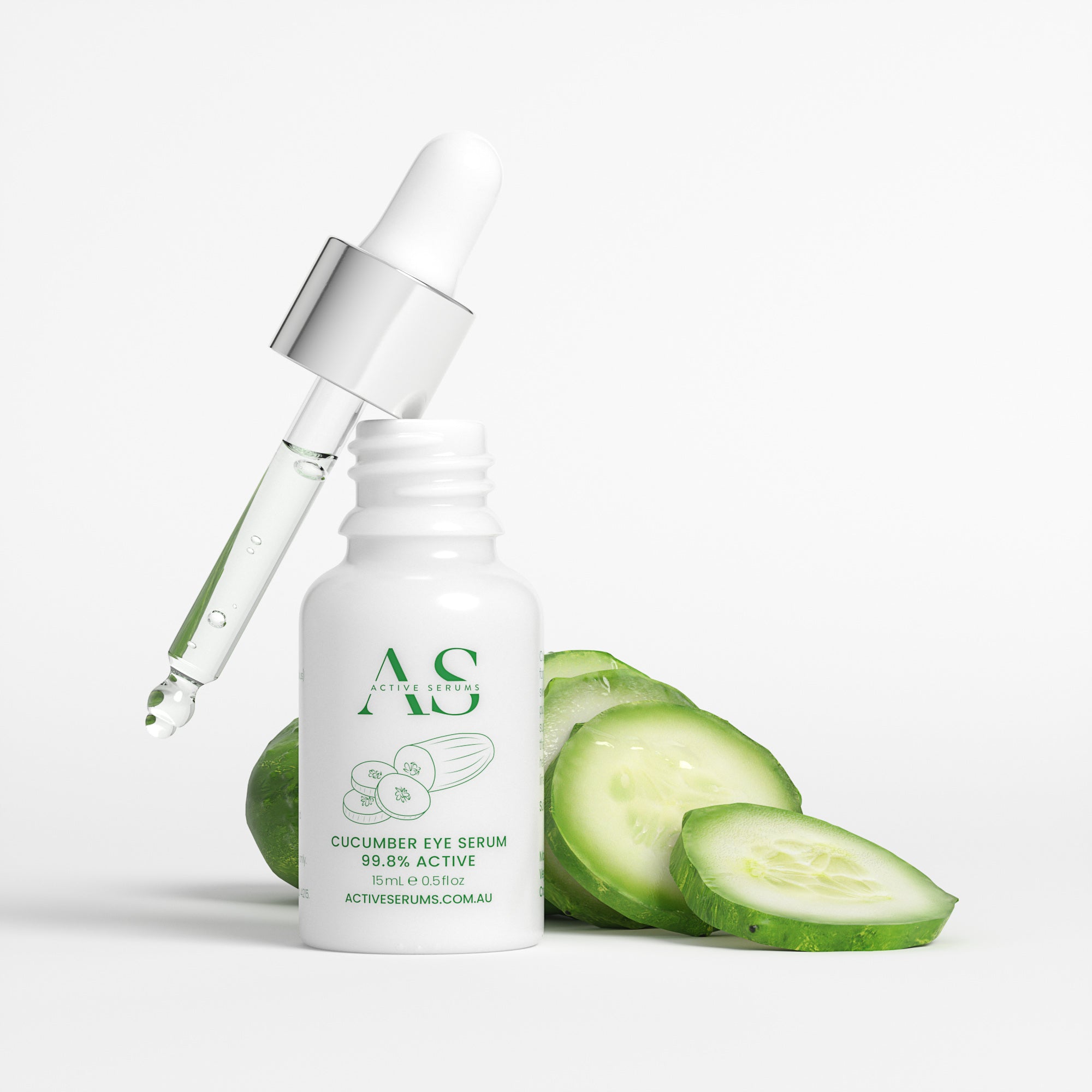 Active Serums Cucumber Eye Serum 15ml with dropper and fresh cucumber slices for puffiness and dark circles.