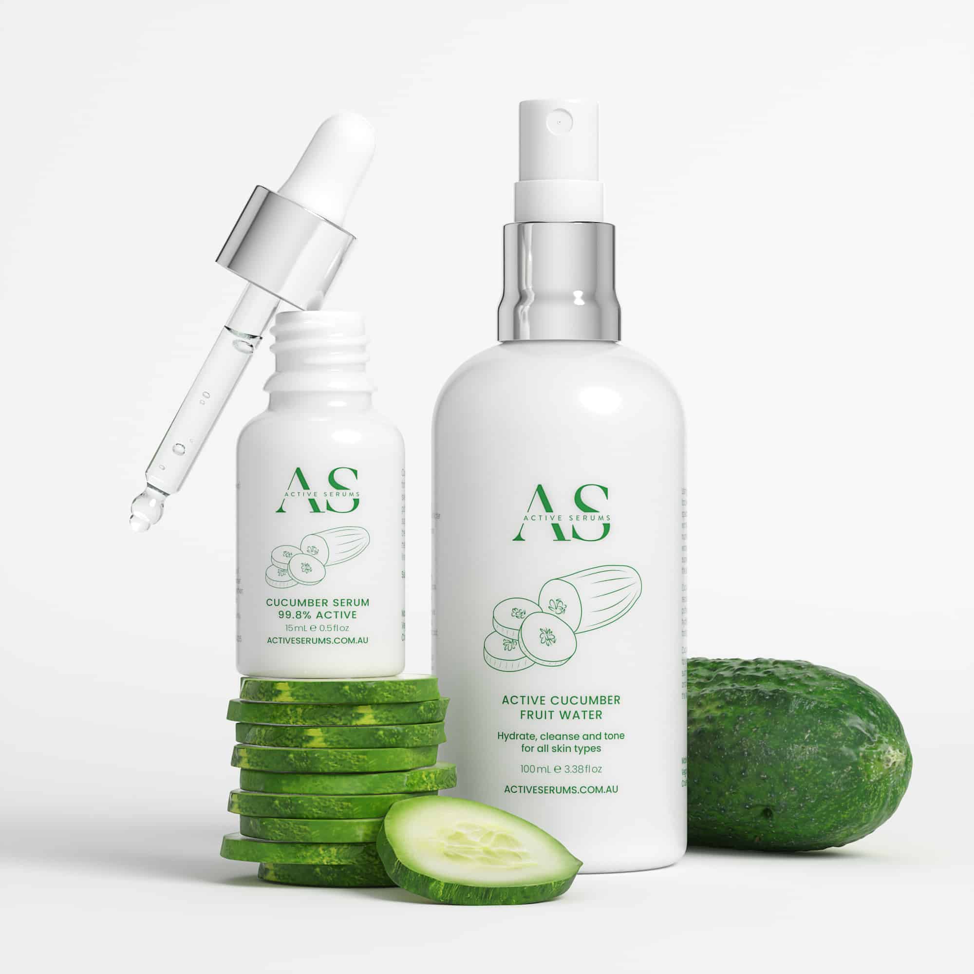Active Serums cucumber serum and fruit water bottles with fresh cucumber slices