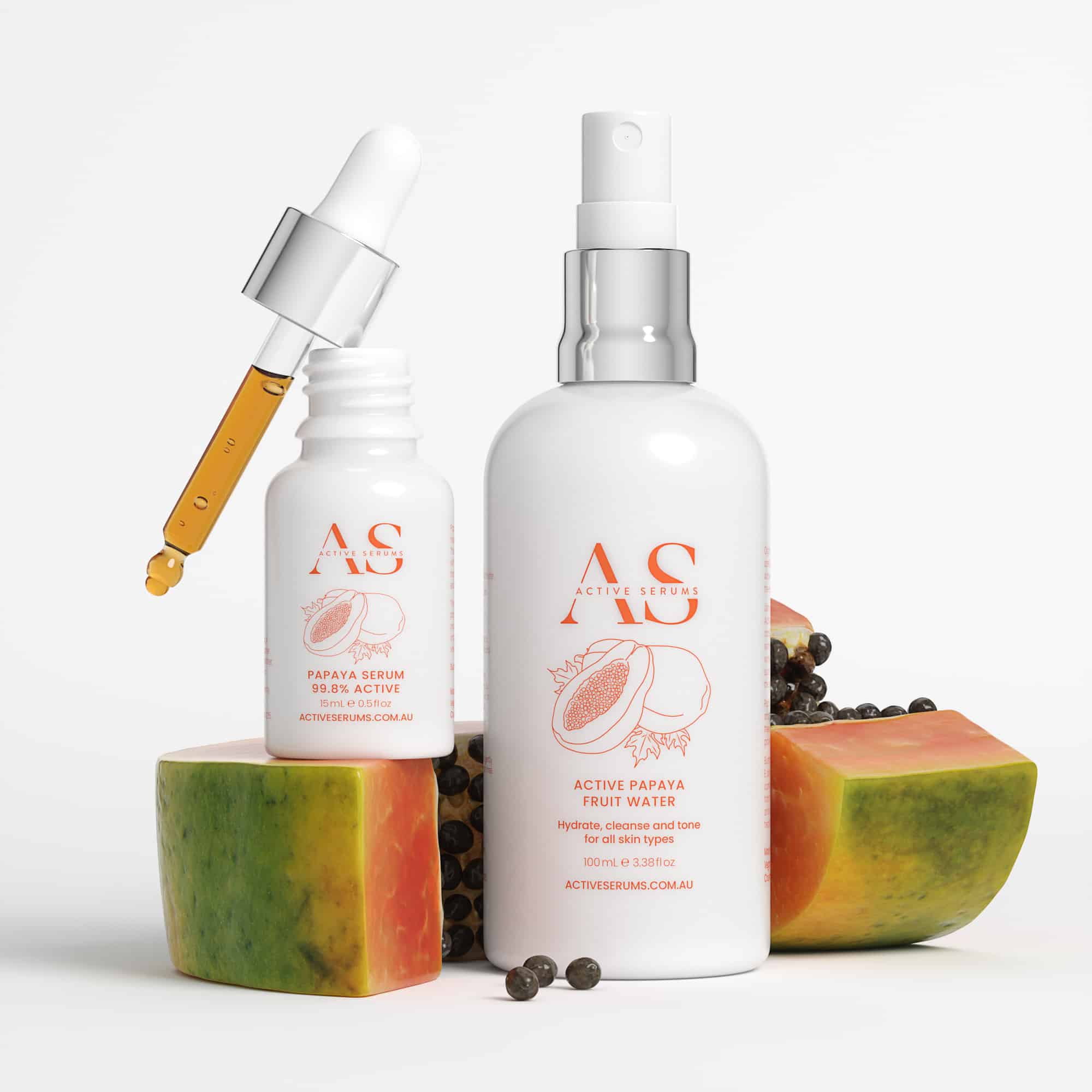 Active Serums papaya serum and fruit water with fresh papaya slices, hydrating skincare