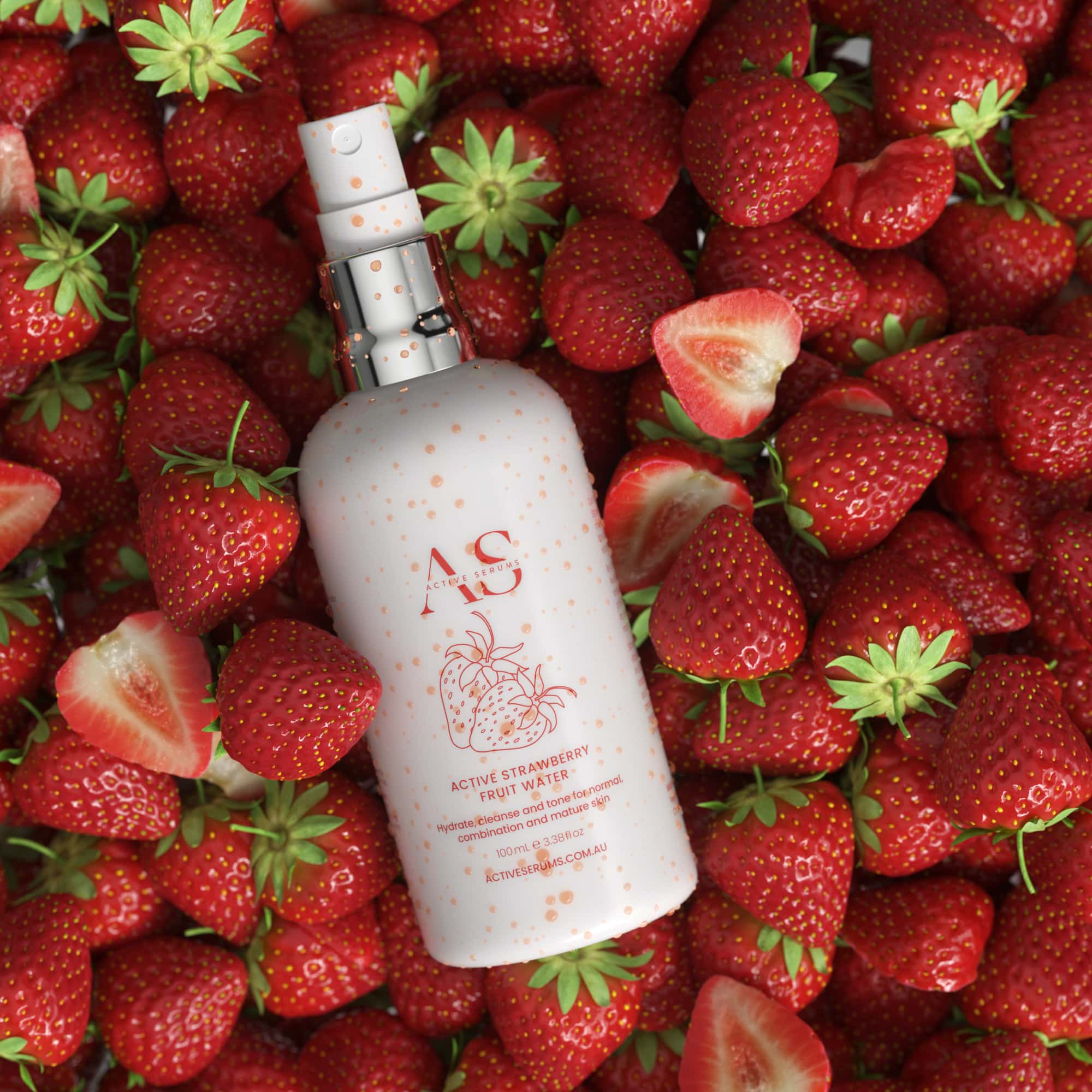 Active Serums strawberry fruit water bottle flatlay on fresh strawberries, hydrating skincare