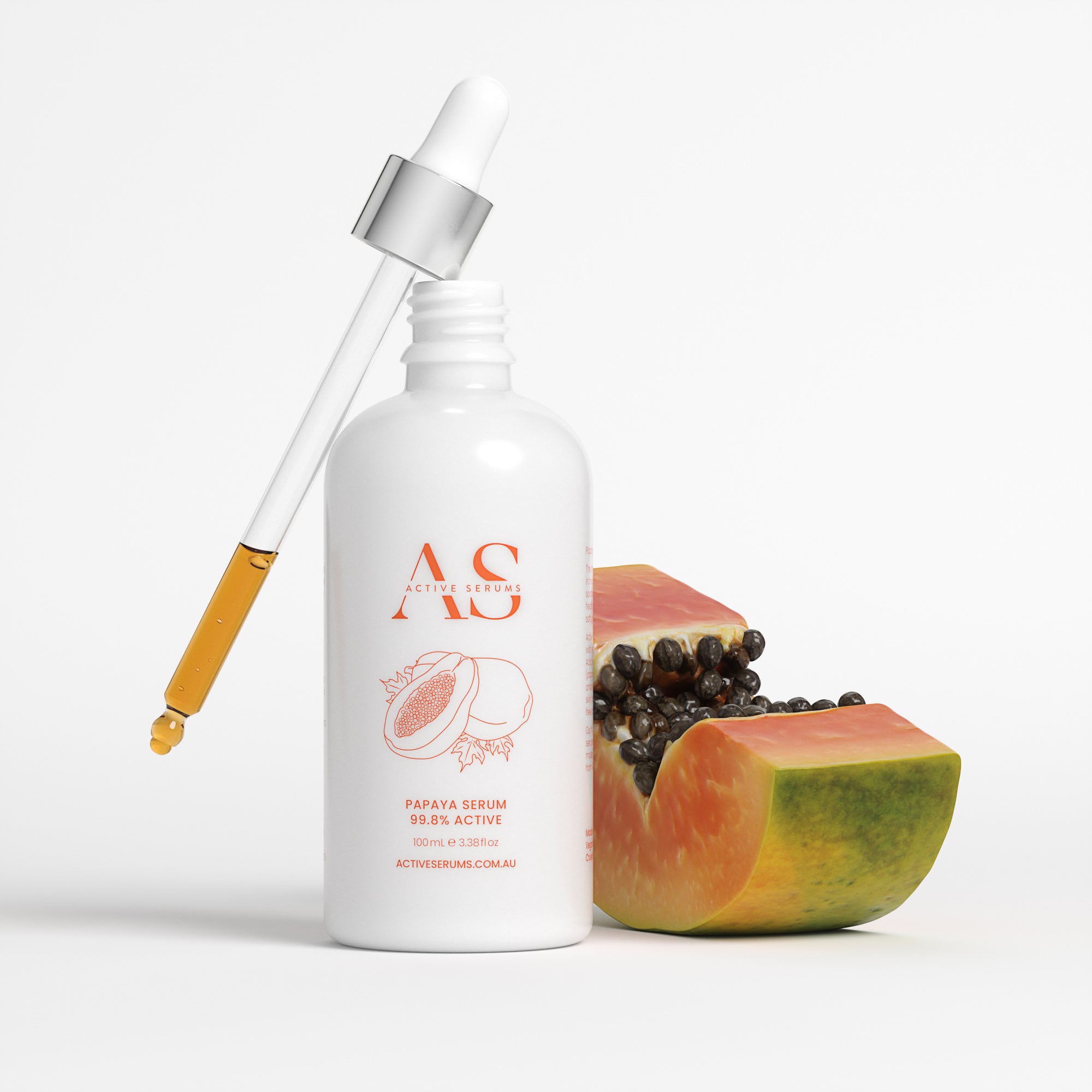Active Serums 100ml Papaya Serum: Large white bottle with glass dropper and fresh papaya fruit for healthy skin.