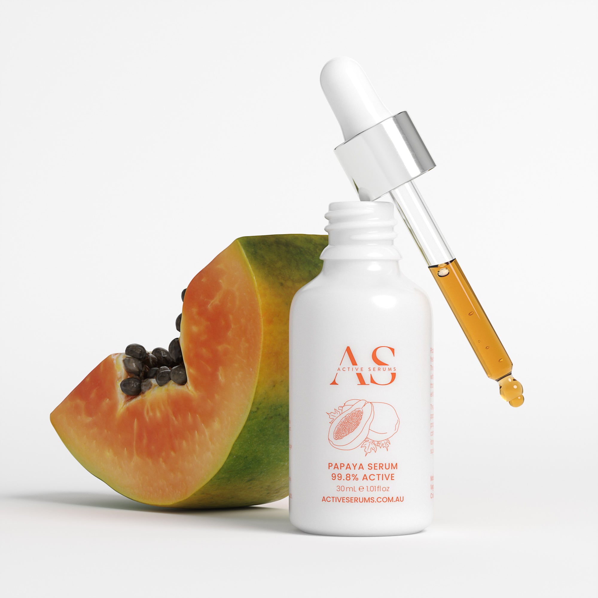 Active Serums 30ml Papaya Serum: Porcelain white bottle with glass dropper and fresh papaya fruit for hydrated skin.
