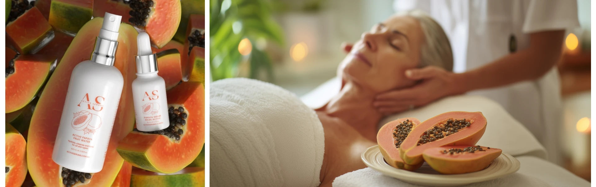 Homepage banner for Active Papaya Duo: 15ml serum and 100ml fruit water bottles alongside a woman receiving a facial massage in a spa.
