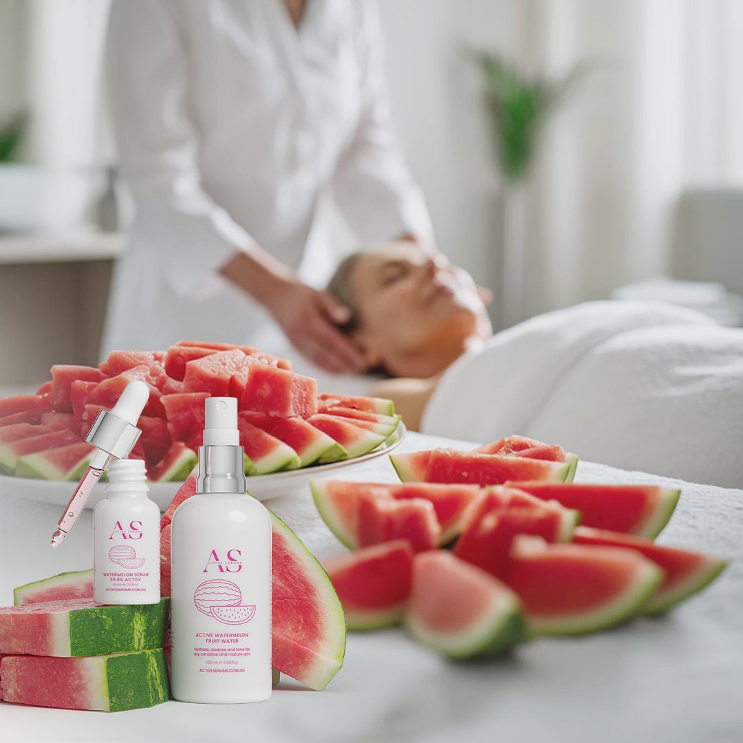 Active Watermelon Duo skincare set with a beauty therapist giving a relaxing facial in a spa.