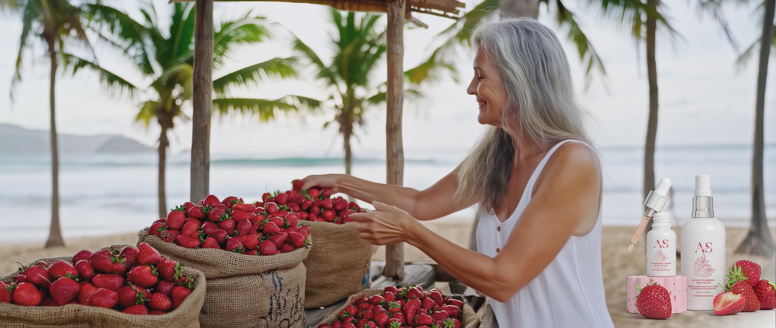 Active Strawberry Duo skincare set next to a beach market table with a woman sorting fresh strawberries into burlap bags.