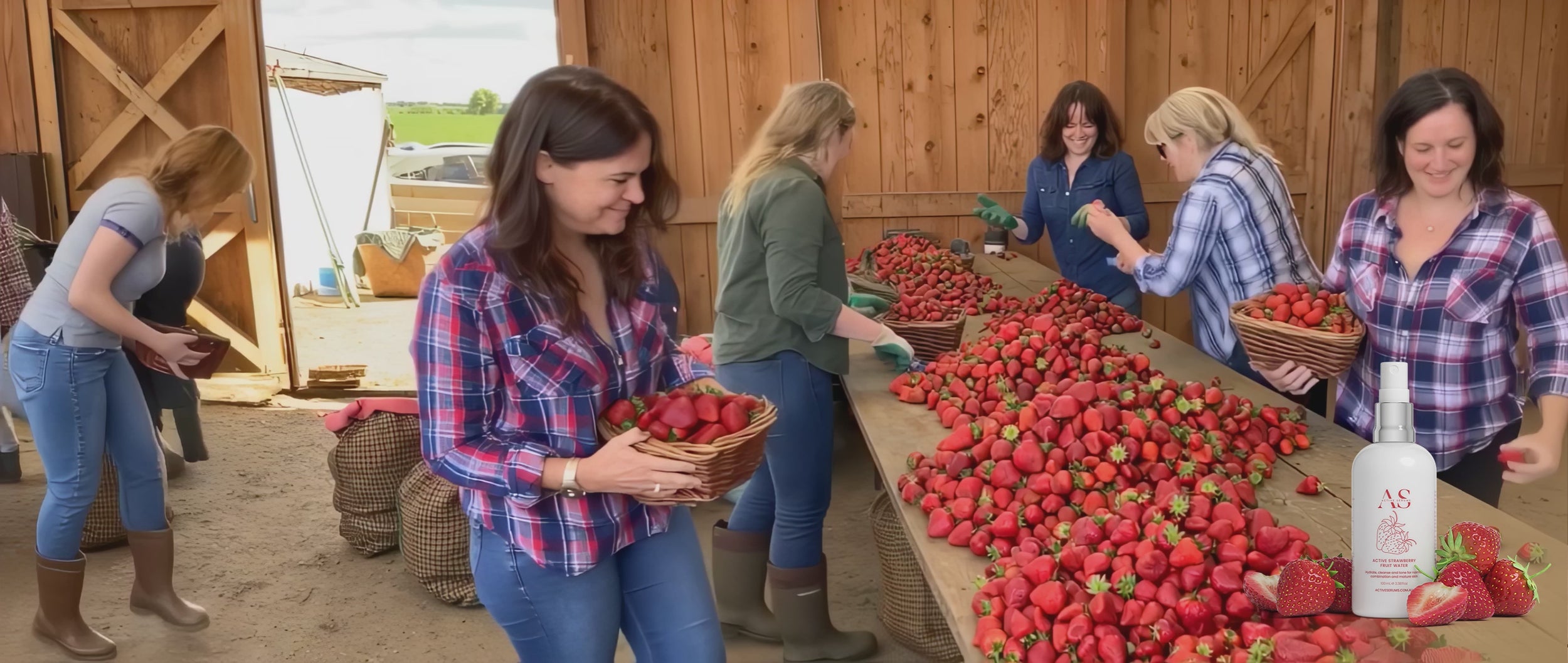 Farm workers sorting freshly picked strawberries next to Active Strawberry Fruit Water in a rustic shed.