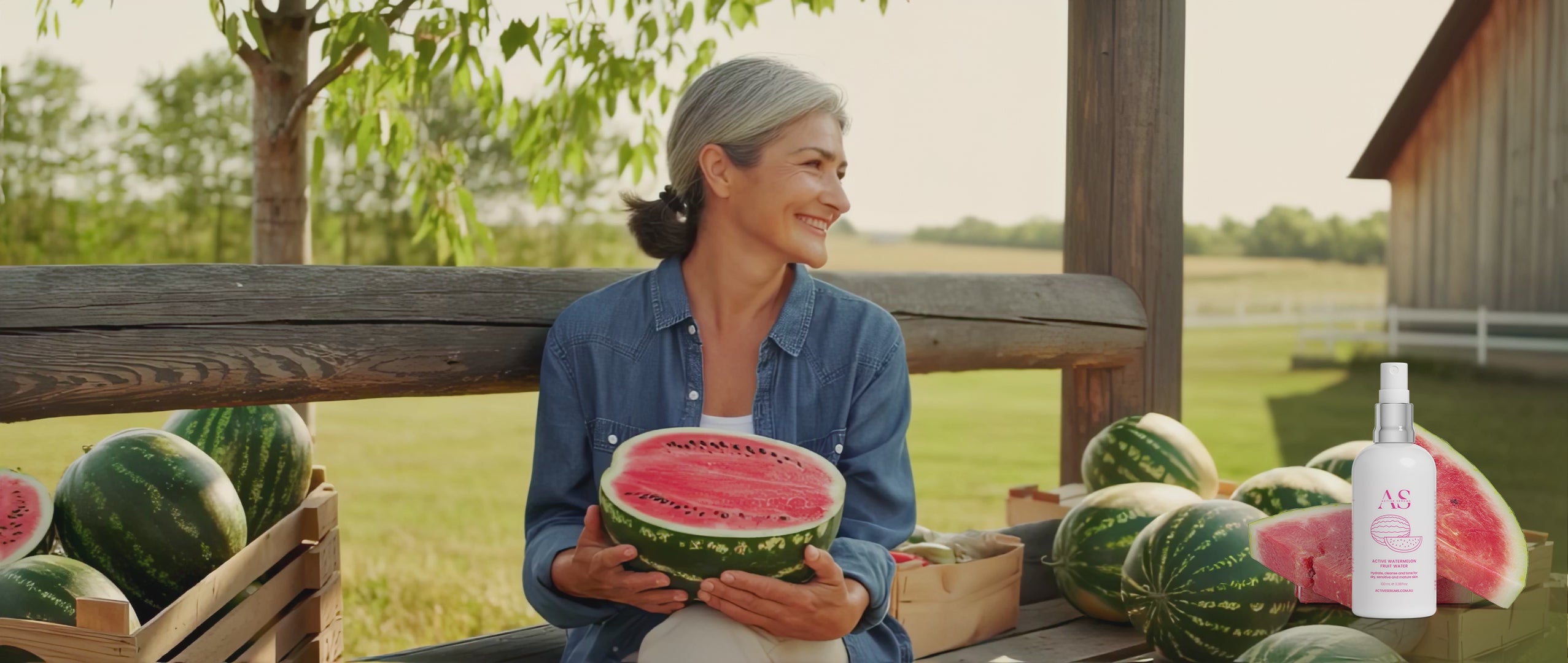 Farmer with fresh watermelons next to Active Watermelon Fruit Water in a relaxing, sun-drenched farm setting video.