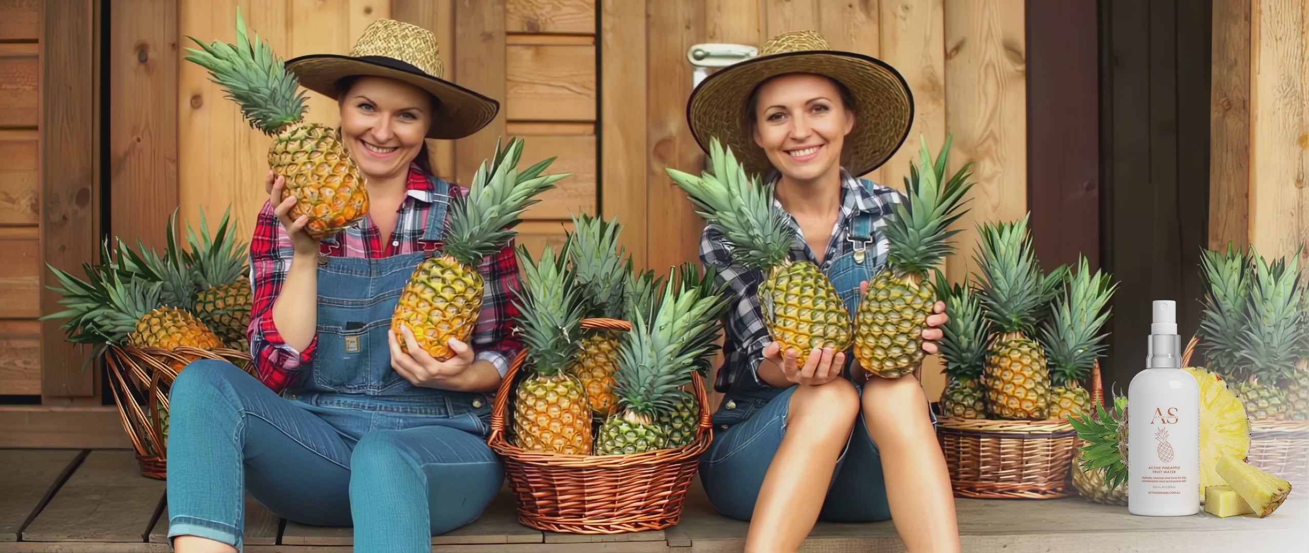 Two smiling farm girls with fresh pineapples and Active Pineapple Fruit Water on a rustic wooden porch.