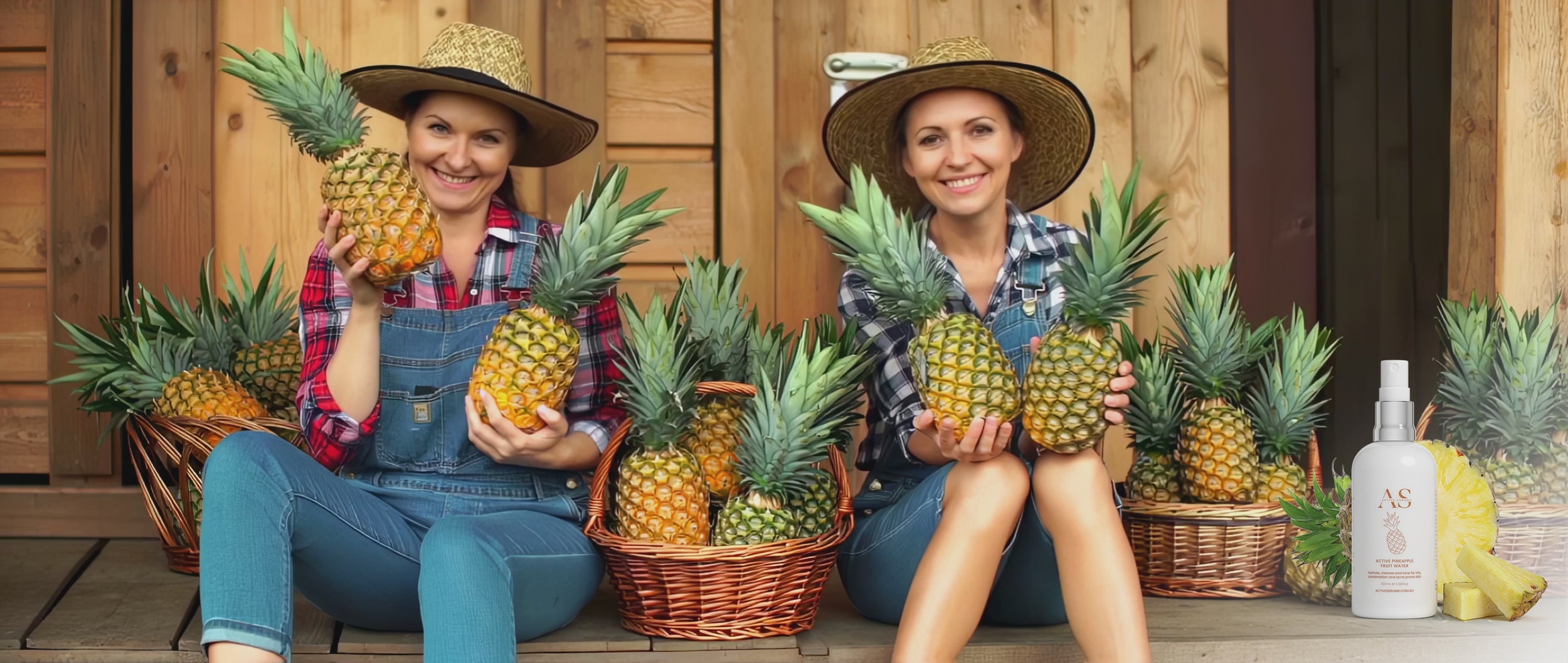 Two smiling farm girls with fresh pineapples and Active Pineapple Fruit Water on a rustic wooden porch.