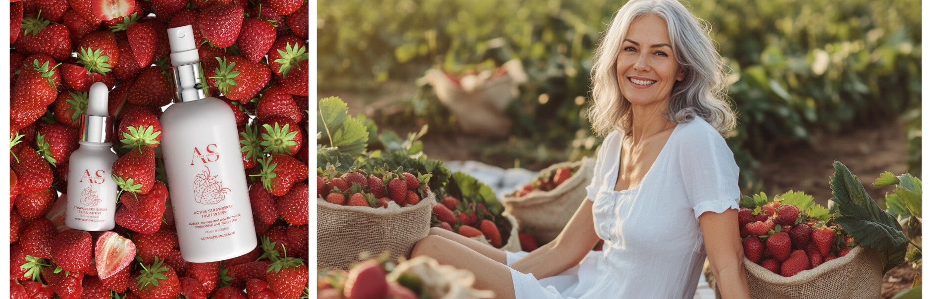 Active Strawberry Duo by Active Serums: 15ml serum + 100ml fruit water bottles alongside a woman in a sunlit field of fresh strawberries.